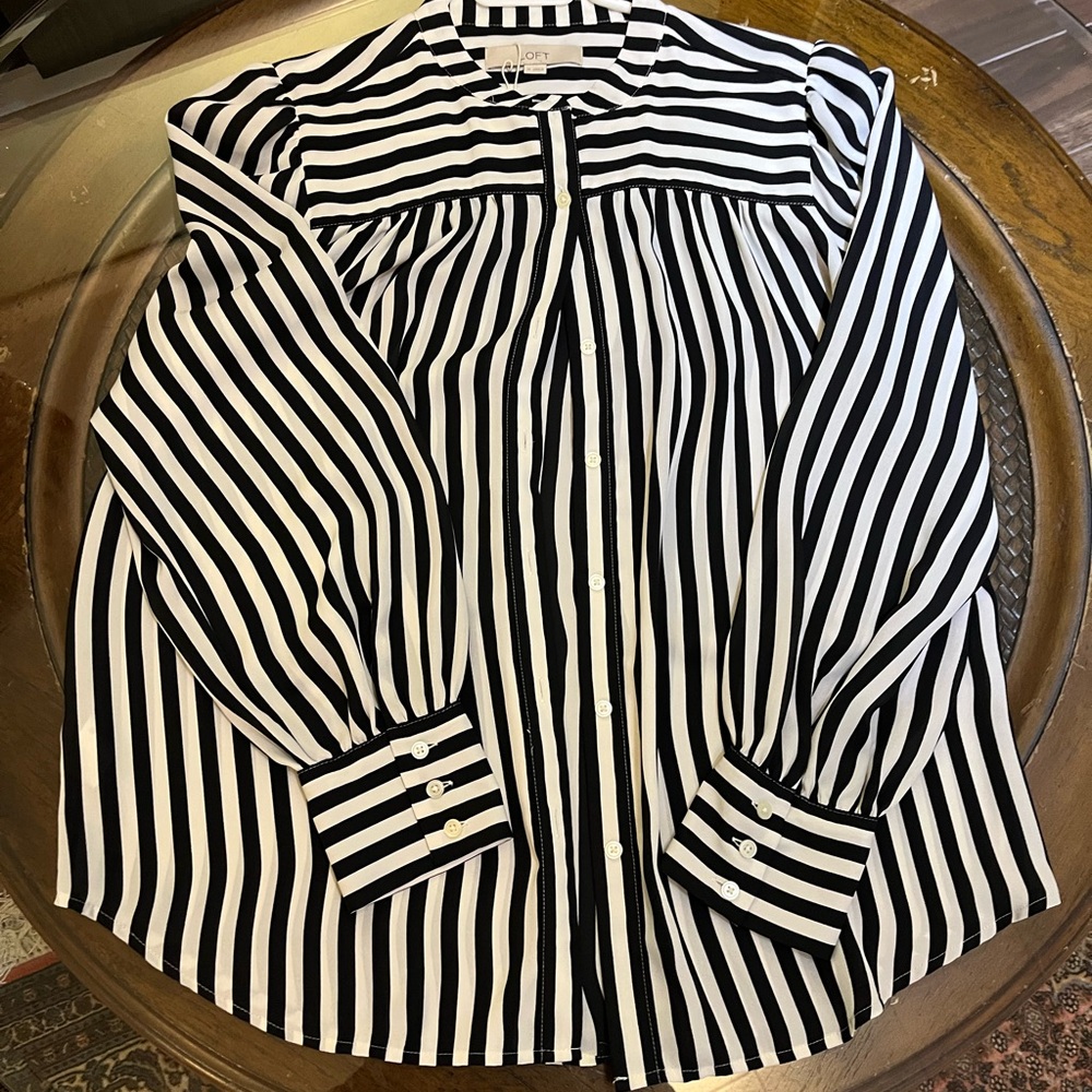 LOFT Black and White Striped Button-Down Shirt